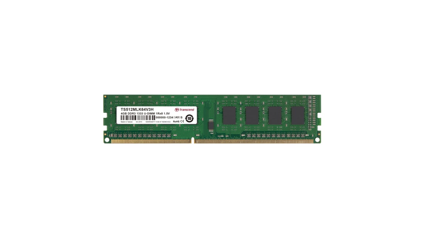 TRANSCEND 4GB DDR3 1333 U-DIMM 1Rx8 (TS512MLK64V3H) thumbnail