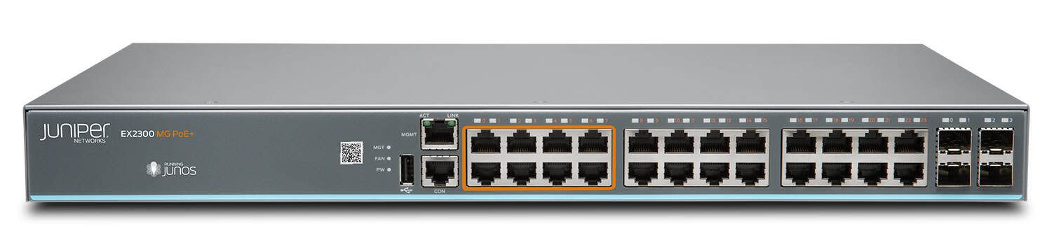 Juniper EX2300 16-port 10/100/1000BASE-T PoE+, 8-port 10/100/1000/2500BASE-T PoE+, 4x1/10GbE SFP/SFP+ (EX2300-24MP) thumbnail