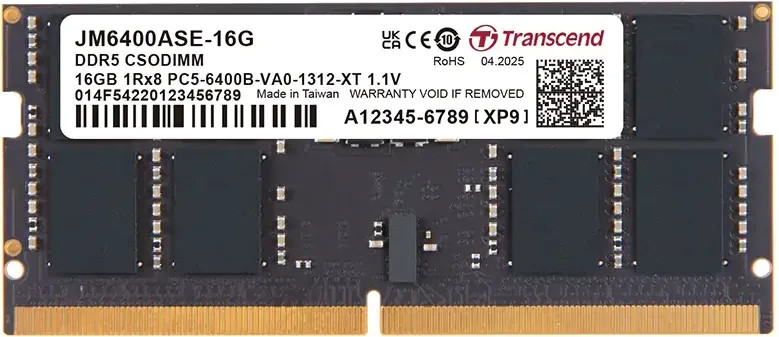 Transcend JM6400ASE-32G JetRam SO-DIMM, 32GB, DDR5, 6400 Mhz, 2Rx8, 2Gx8, CL52, 1.1V (JM6400ASE-32G) thumbnail