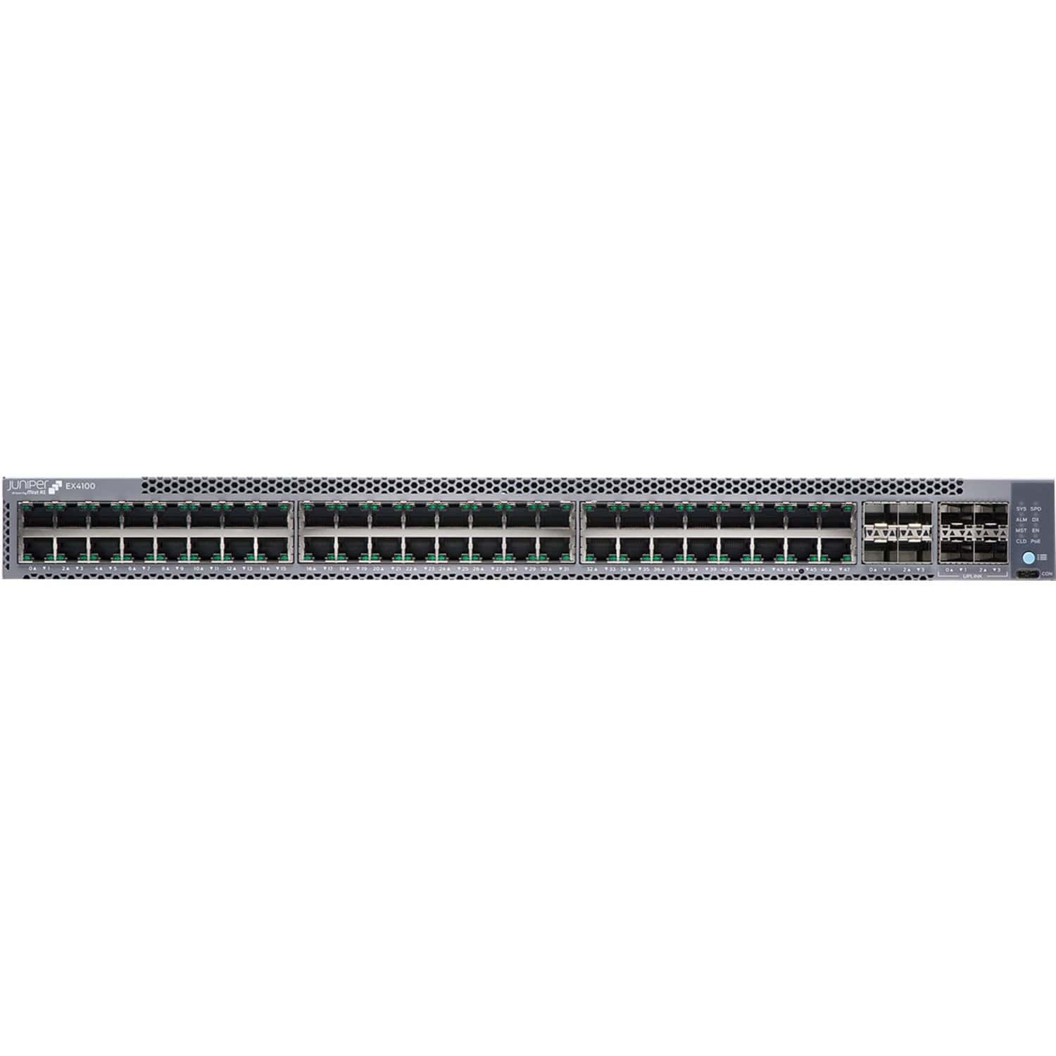 Juniper EX4100 48-Port 10/100/1000BaseT, 4x 10G SFP+ Uplink ports, 4x 25G SFP28 Stacking/Uplink ports, redundant fans, 1 AC PSU  (EX4100-48T) thumbnail