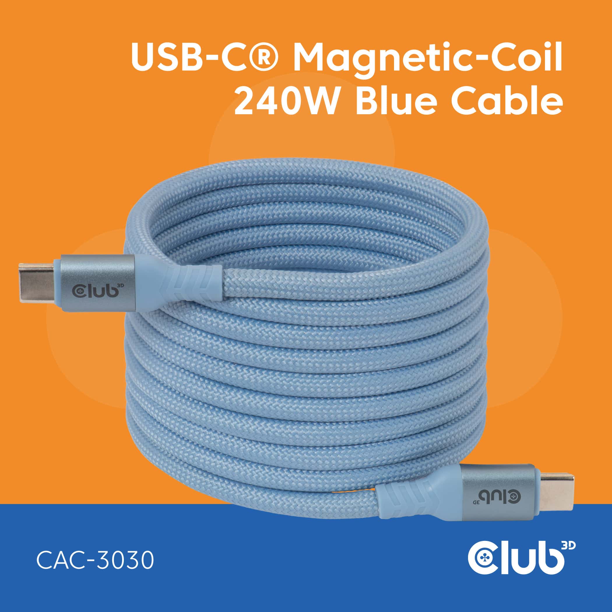 CLUB3D USB-C® Magnetic-Coil 240W PD3.1 Blue Cable 2m / 6.56ft Fast Charging (CAC-3030) thumbnail