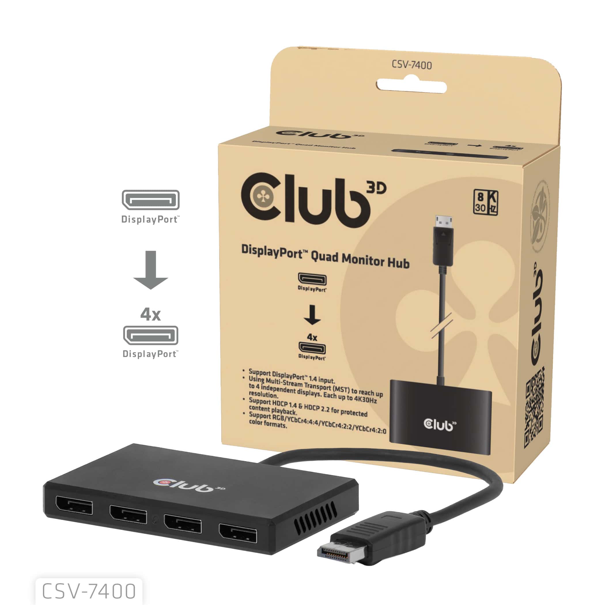CLUB3D CSV-7400 DisplayPort™ Quad Monitor Hub MST 4x 4K30Hz (CSV-7400) thumbnail