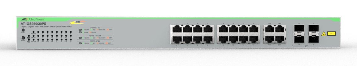 Allied Telesis iGS950/20PS Managed L2 Gigabit Ethernet (10/100/1000) Power over Ethernet (PoE) Bureaublad-/wandmontage Zilver (990-008277-950) thumbnail