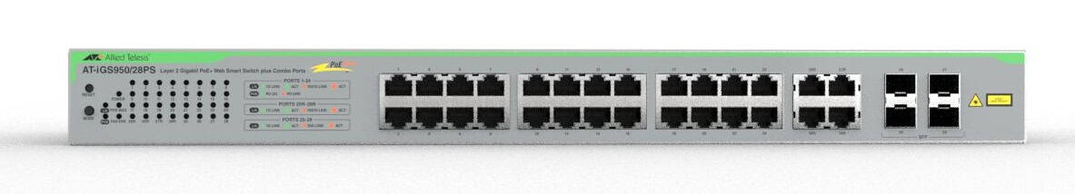Allied Telesis iGS950/28PS Managed L2 Gigabit Ethernet (10/100/1000) Power over Ethernet (PoE) Bureaublad-/wandmontage Zilver (990-008278-950) thumbnail