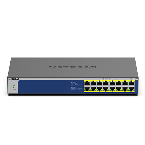 NETGEAR GS516PP Unmanaged Gigabit Ethernet (10/100/1000) Power over Ethernet (PoE) Blauw, Grijs (GS516PP-100EUS) thumbnail