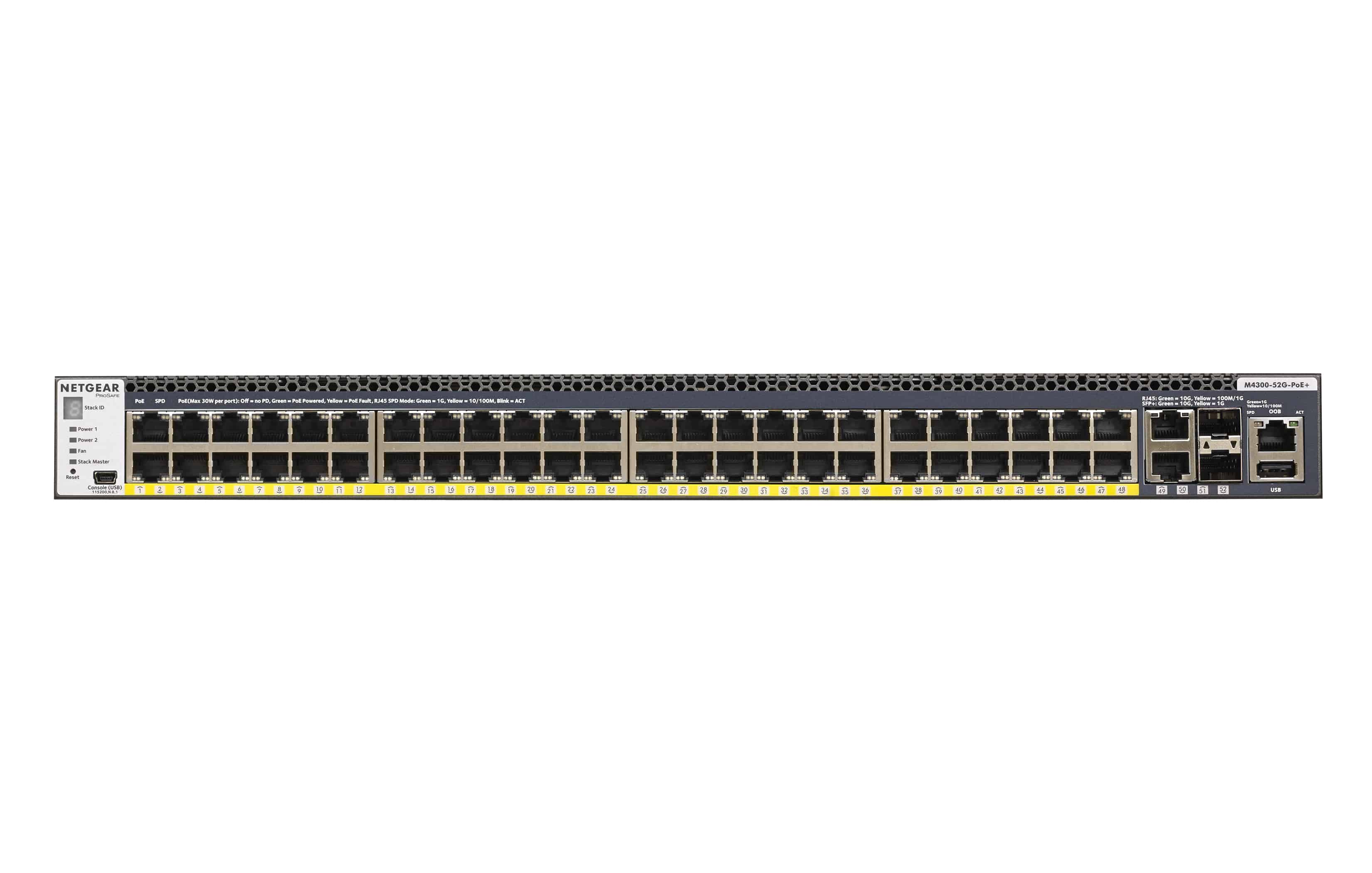NETGEAR ProSAFE Managed Switch - GSM4352PB - Stackable platform met 48 PoE+ poorten + 2 x SFP+ en 2 x 10GBASE-T poorten (1000W PSU) (GSM4352PB-100NES) thumbnail NETGEAR ProSAFE Managed Switch - GSM4352PB - Stackable platform met 48 PoE+ poorten + 2 x SFP+ en 2 x 10GBASE-T poorten (1000W PSU) (GSM4352PB-100NES) thumbnail