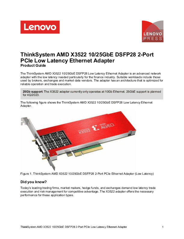Lenovo ThinkSystem Ethernet Netzwerkadapter, 2-Port, 10/25Gbit/s, DSFP28, AMD X3522, PCIe (4XC7A84827) (4XC7A84827) thumbnail