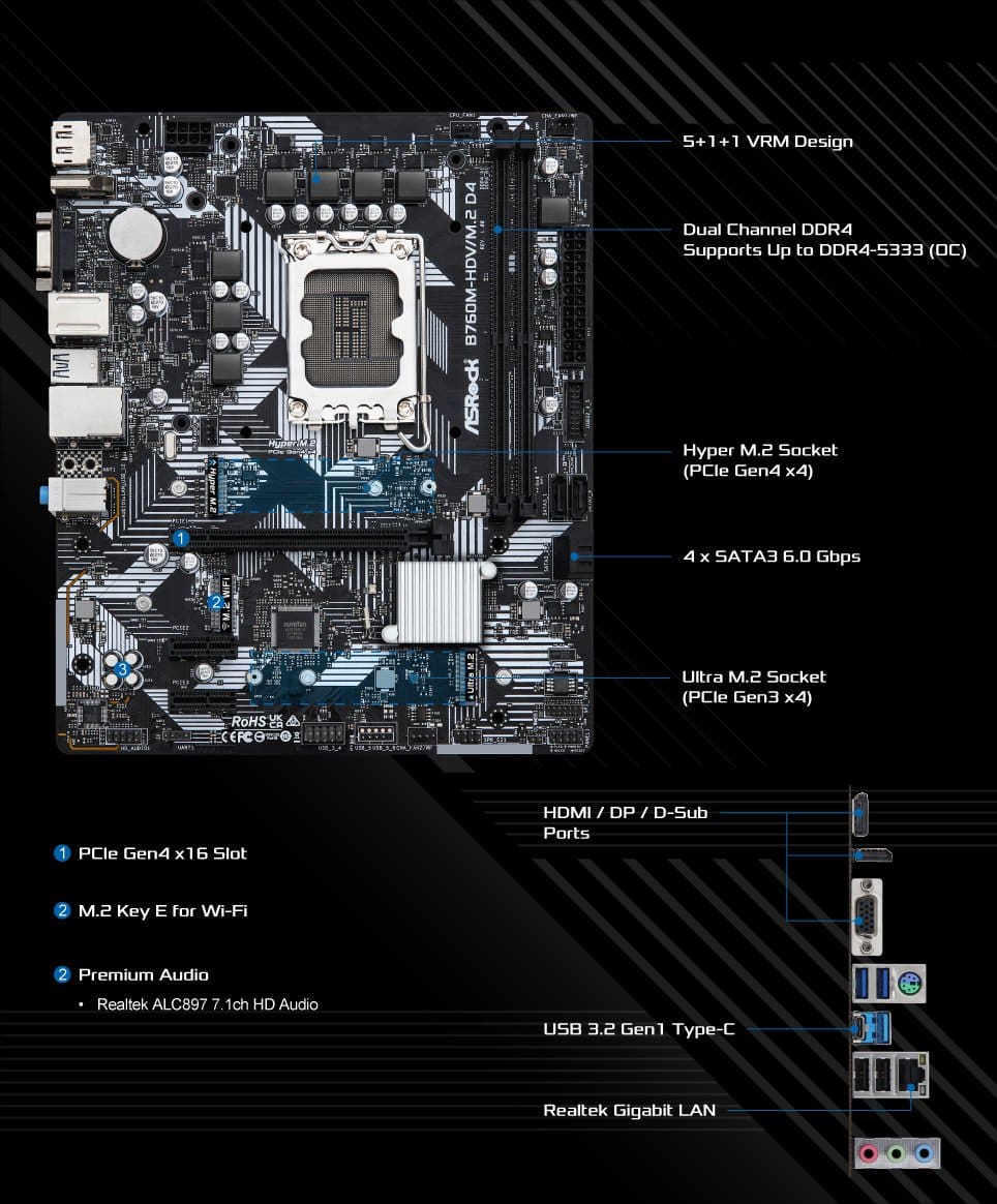 ASRock B760M-HDV/M.2 - bundkort - LGA1 (B760M-HDV/M.2) thumbnail