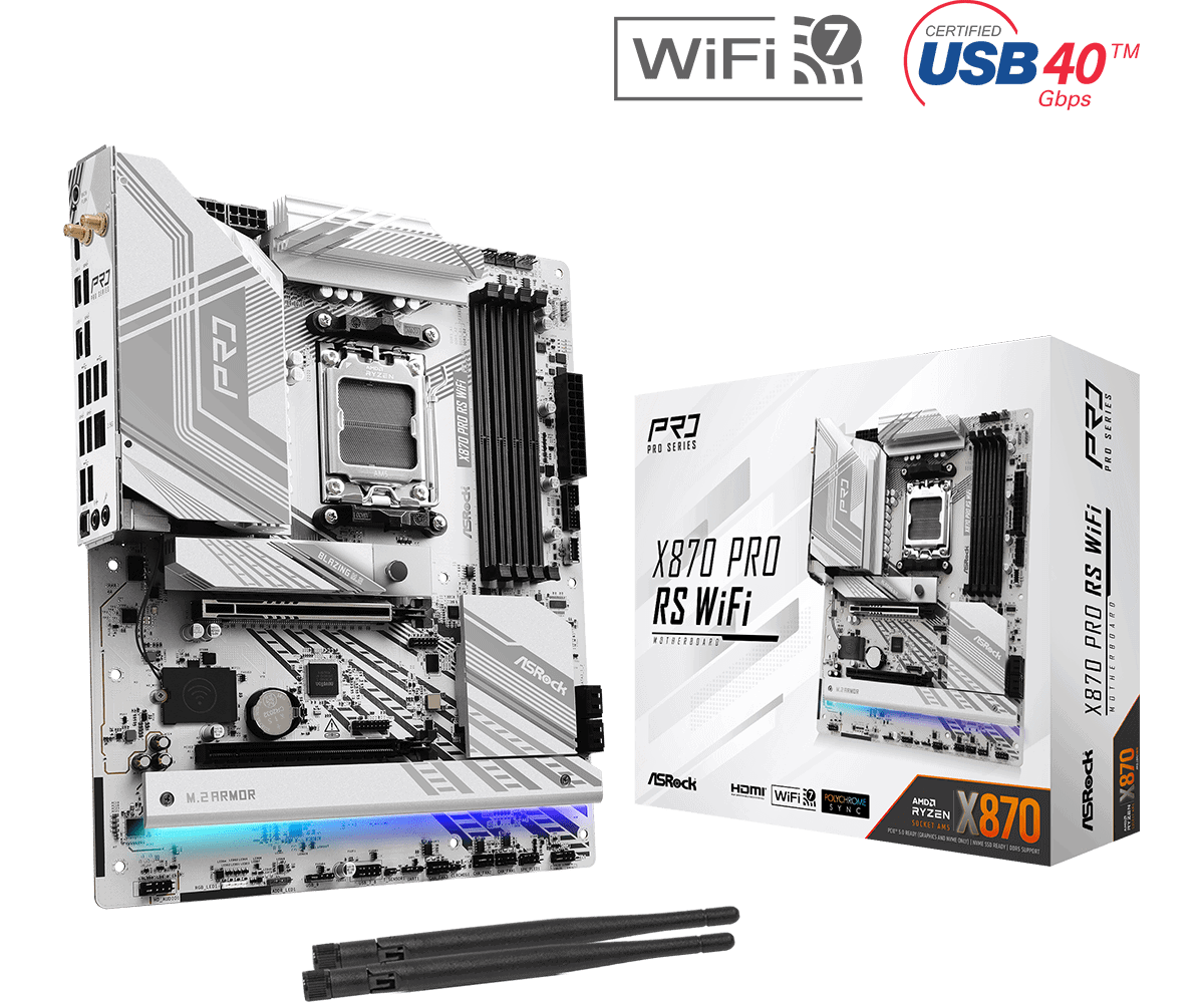ASRock MB Sc AM5 X870 PRO RS WIFI - AMD X870 - 4xDDR5 - 1xHDMI - 2xThunderbolt - WI-FI (X870PRORSWIFI) thumbnail
