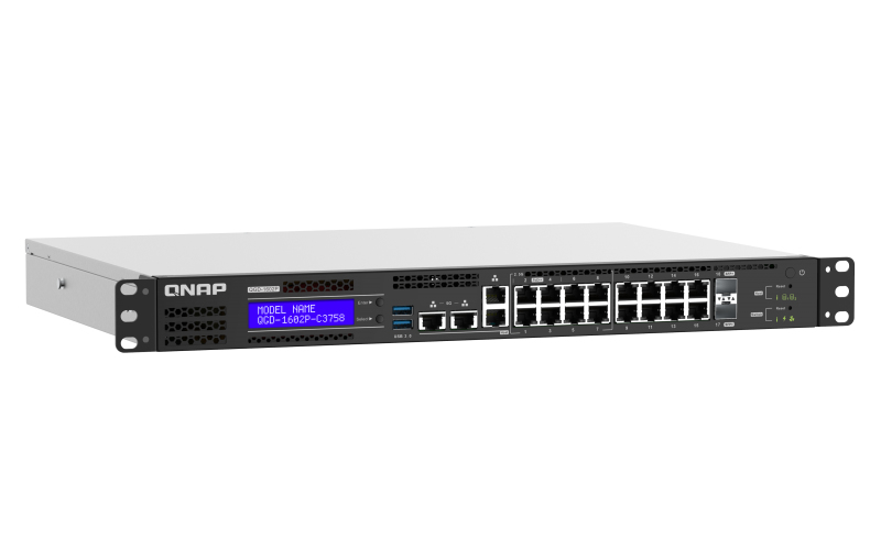QNAP QGD-1602P Managed L2 Gigabit Ethernet (10/100/1000) Power over Ethernet (PoE) 1U Zwart, Grijs (QGD-1602P-C3558-8GB) thumbnail