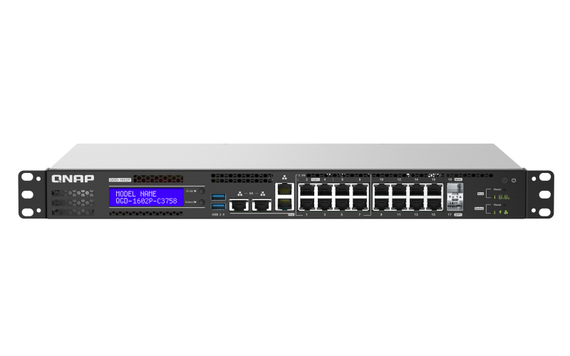 QNAP QGD-1602P Managed L2 Gigabit Ethernet (10/100/1000) Power over Ethernet (PoE) 1U Zwart, Grijs (QGD-1602P-C3558-8GB) thumbnail
