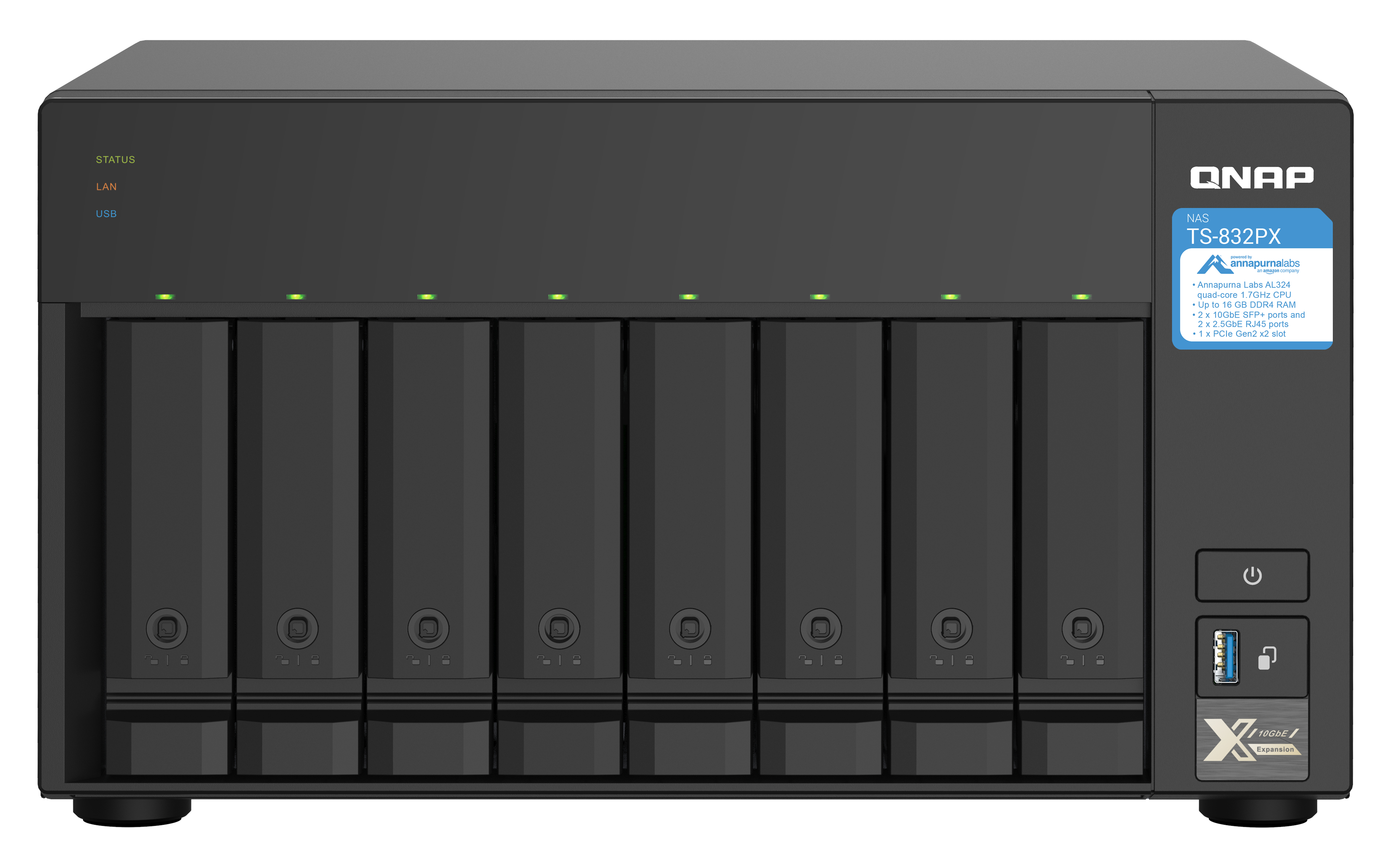 QNAP TS-832PX NAS Tower Annapurna Labs AL324 4 GB DDR4 0 TB QNAP Turbo System Aluminium, Zwart (TS-832PX-4G) thumbnail