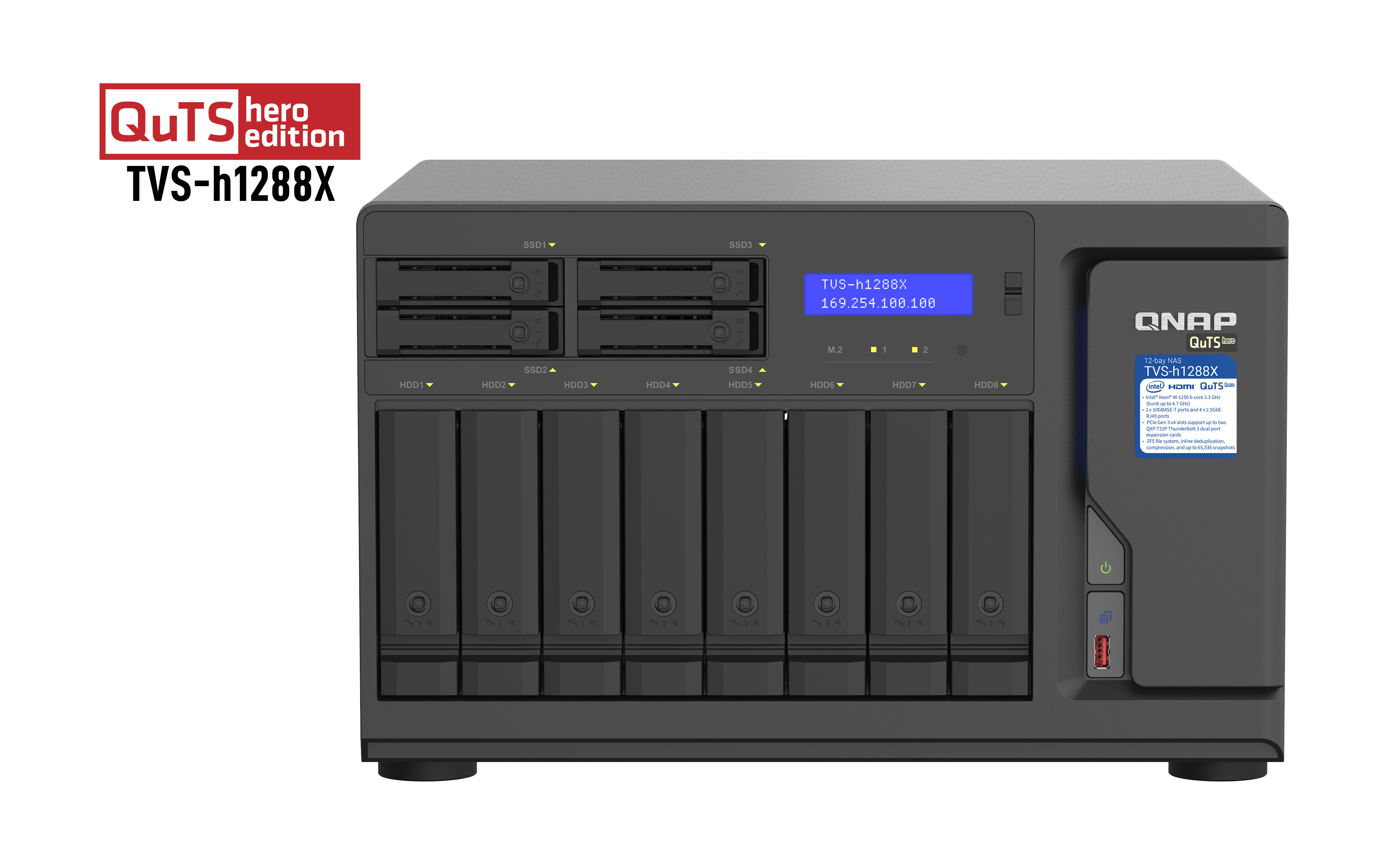 QNAP TVS-h1288X NAS Tower Intel® Xeon® W-1250 16 GB DDR4 0 TB QuTS hero Zwart (TVS-H1288X-W1250-16G) thumbnail