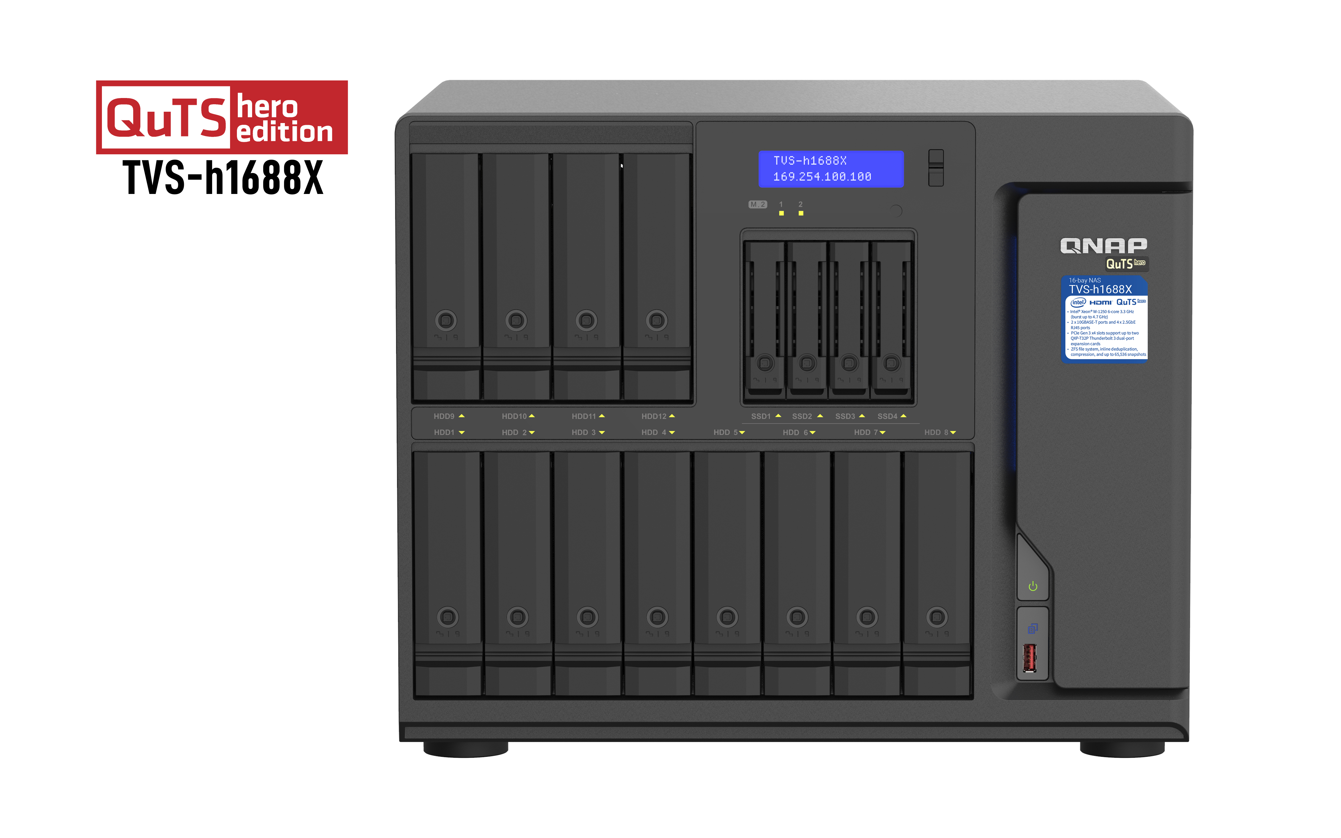 QNAP TVS-h1688X NAS Tower Intel® Xeon® W-1250 32 GB DDR4 0 TB QuTS hero Zwart (TVS-H1688X-W1250-32G) thumbnail