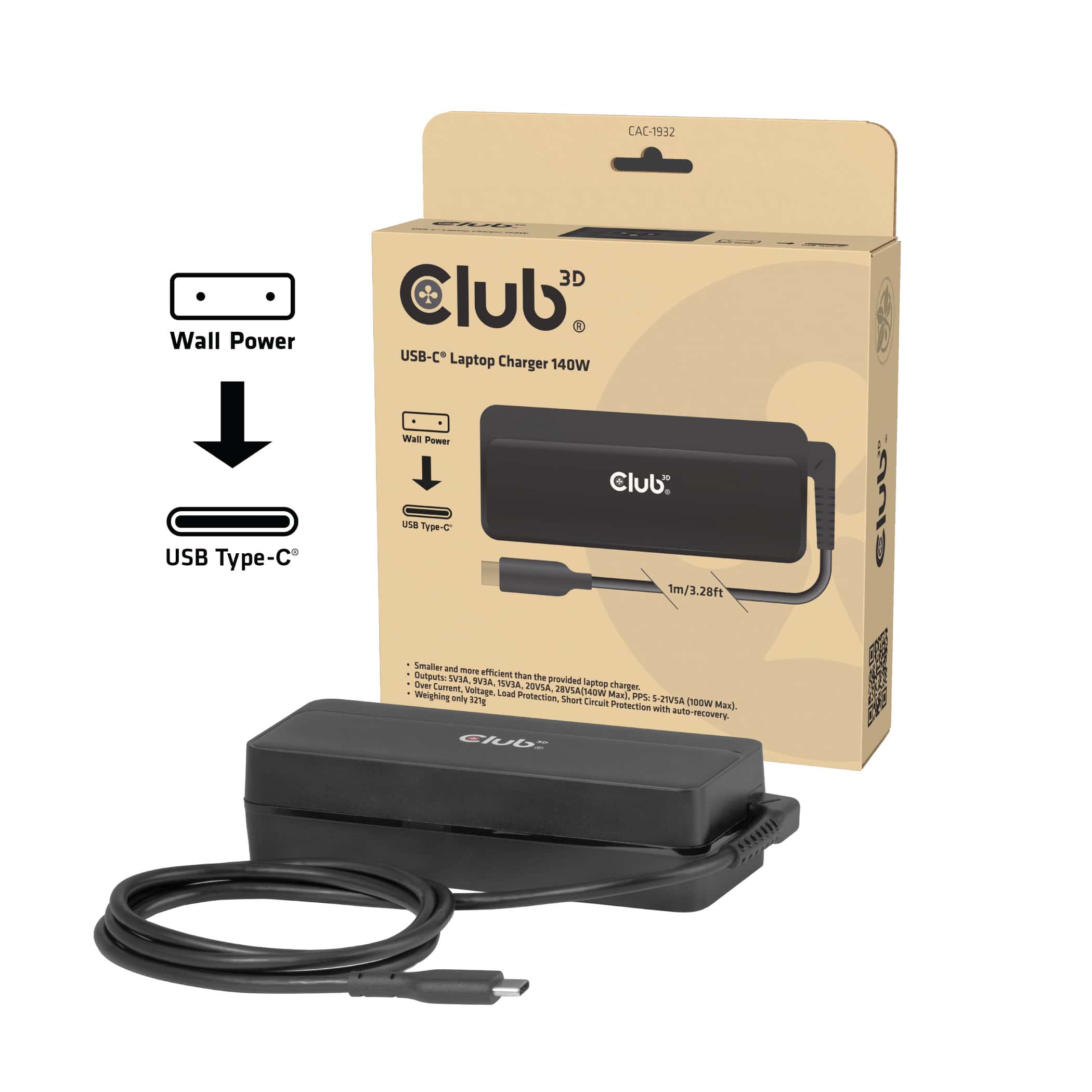 CLUB3D USB-C®-laptoplader 140 W (CAC-1932) thumbnail