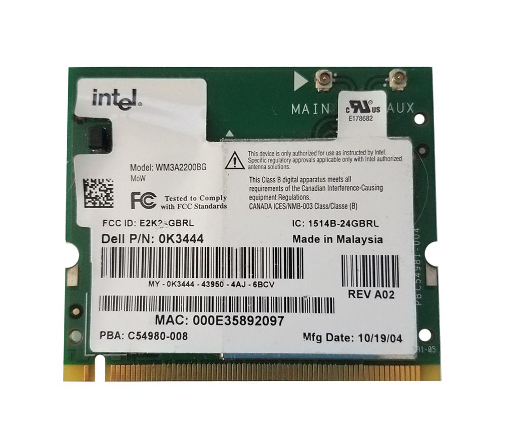 Dell K3444 (Intel WM3A2200BG) Intel Pro Wireless 2200 WLAN Adapter Card - Wi-Fi 802.11b/g - Mini PCI Express (K3444) thumbnail