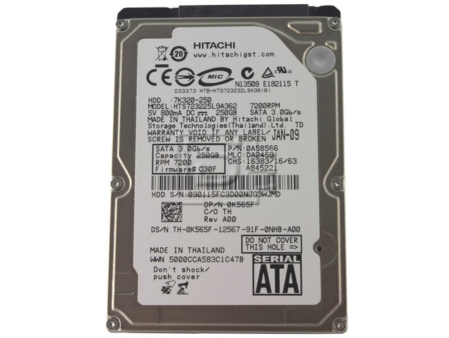 Dell K565F (Hitachi 0A58566) 250 GB Hard Disk Drive - 7.2 K RPM - 9.5 Millimeter - Internal - 2.5 inches SATA - 3.0 GB/s (K565F) thumbnail