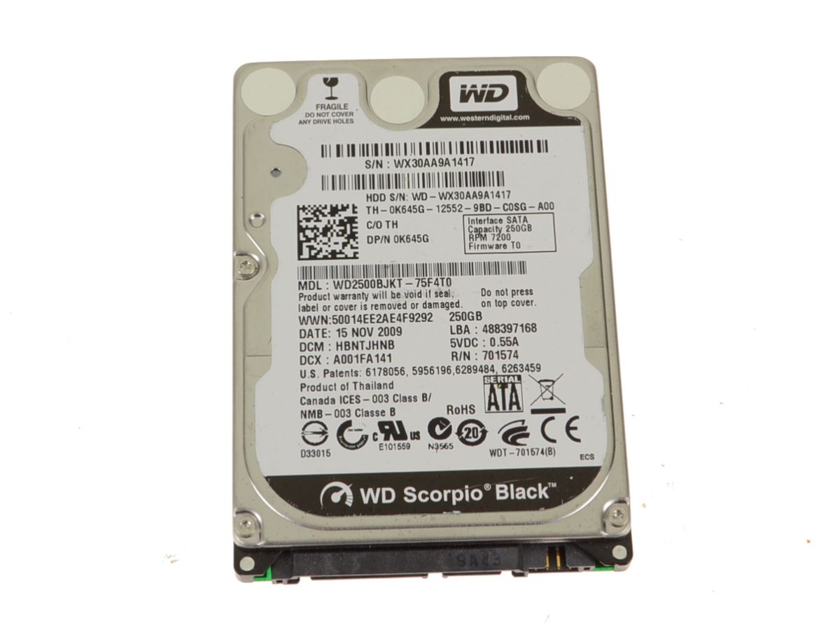 Dell K645G (Western Digital WD2500BJKT-75F4T0) 2.5 Inches Hard Drive - Black - 7.2k RPM - 250GB - SATA (K645G) thumbnail