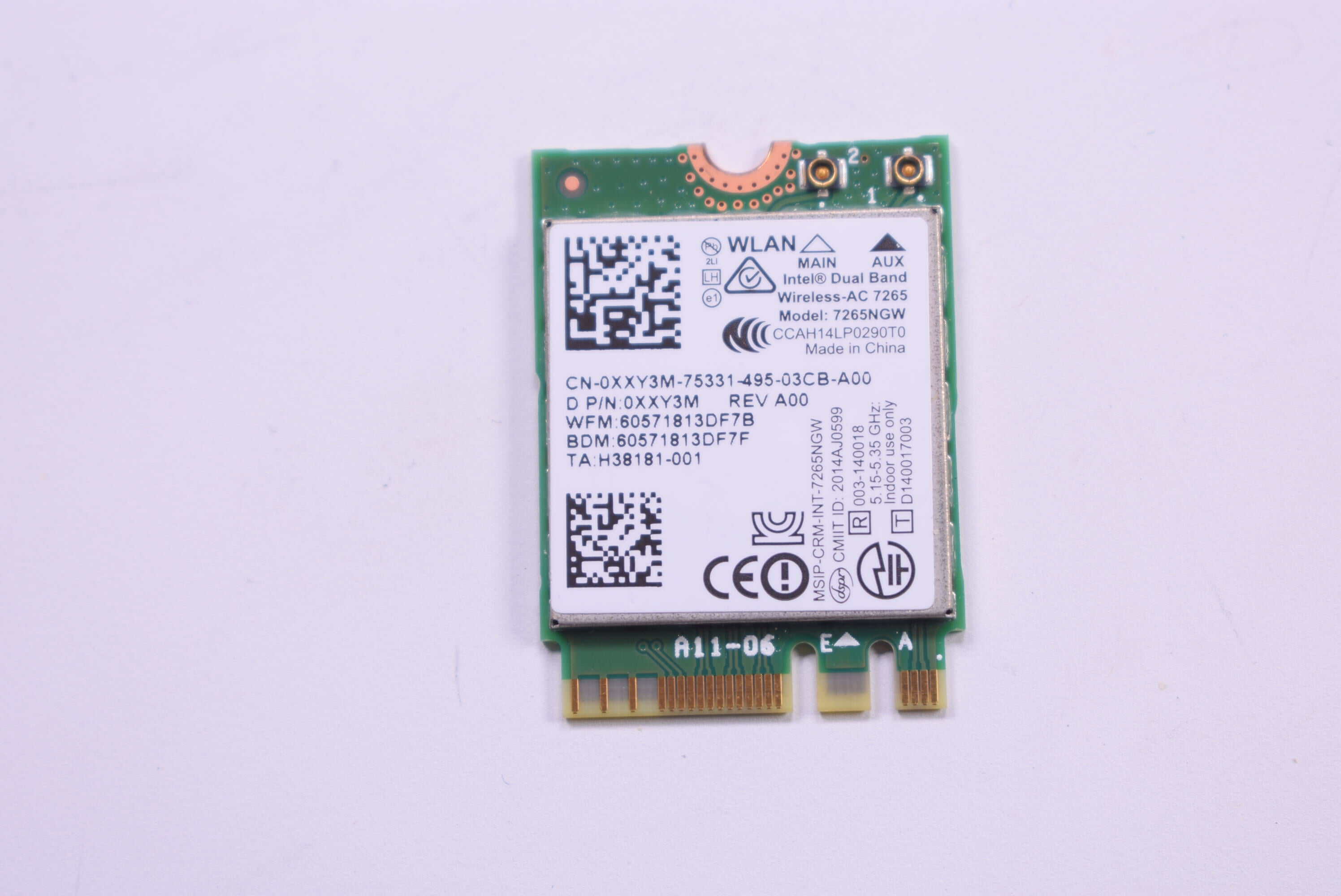 Dell XXY3M (Intel 7265NGW) Wireless-ac 7265 Dual Band WLAN WiFi + Bluetooth Card - 802.11 ac/a/b/g/n - Bluetooth 4.0 - M.2 (XXY3M) thumbnail