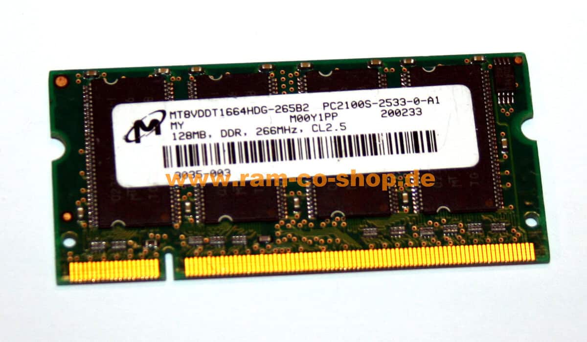 Micron MT8VDDT1664HDG-265B3 Laptop Memory Module - 128 MB DDR-266 MHz - 1Rx16 PC-2100 - CL 2.5 - 200-pin - Non-ecc - SO-DIMM (MT8VDDT1664HDG-265B3) thumbnail