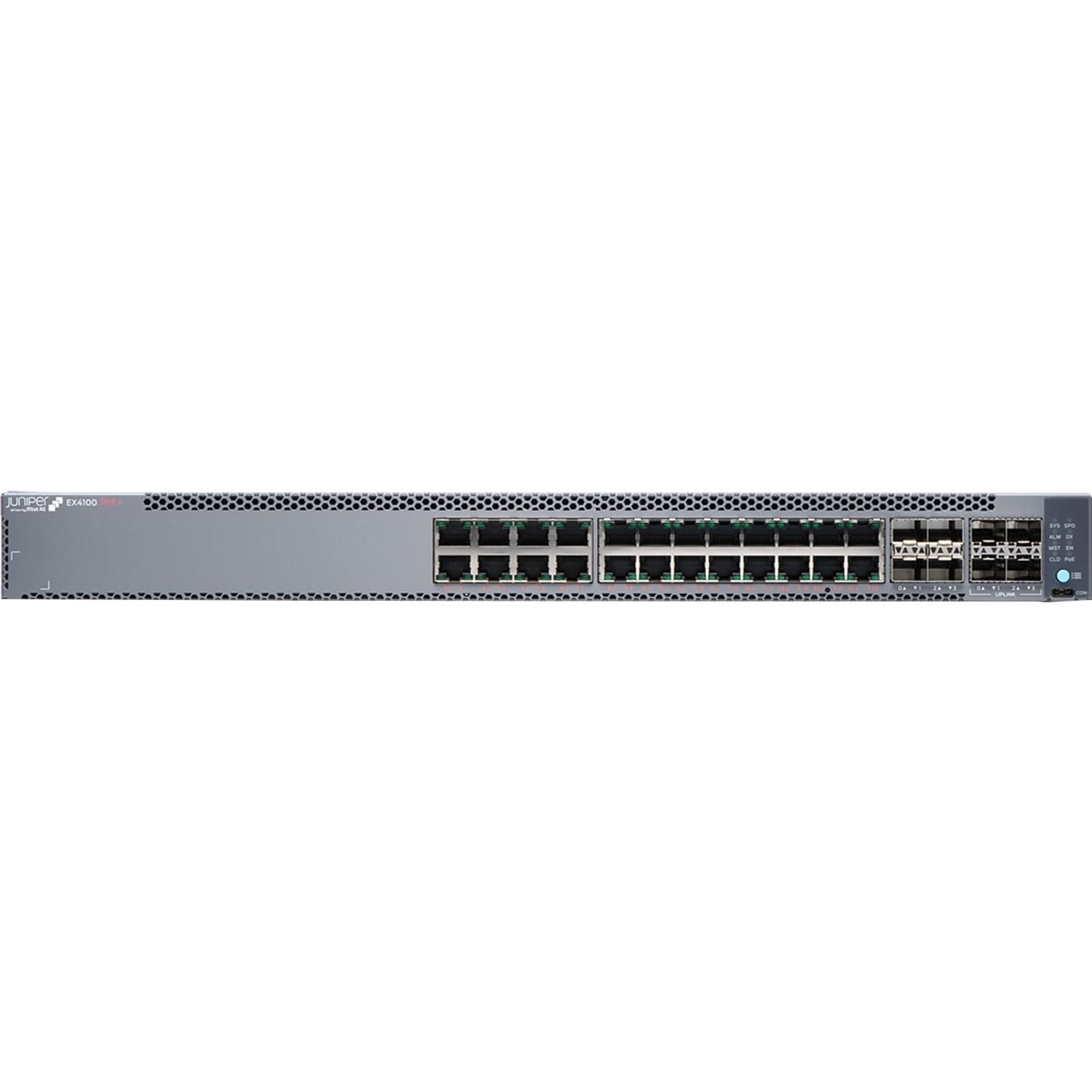 Juniper EX4100 24-Port 10/100/1000BaseT, 4x 10G SFP+ Uplink ports, 4x 25G SFP28 Stacking/Uplink ports, redundant fans, 1 AC PSU  (EX4100-24T) thumbnail