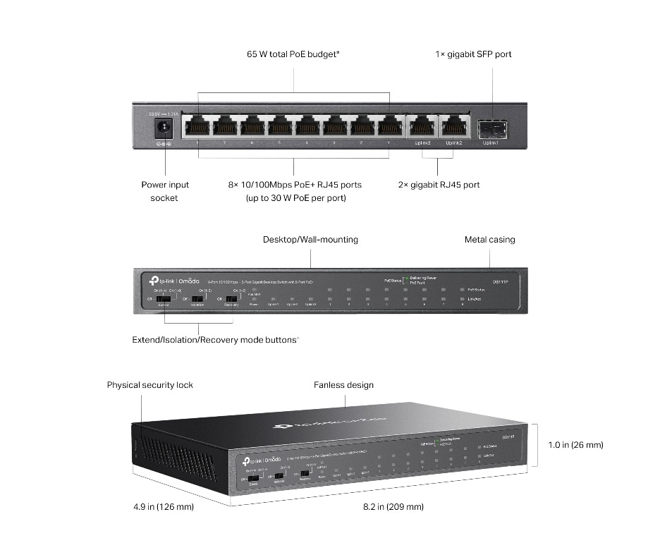 TP-LINK OMADA 8-PORT 10/100MBPS + 3-PORT GIGABIT DESKTOP SWITCH WITH 8-PORT POE+ (DS111P) thumbnail