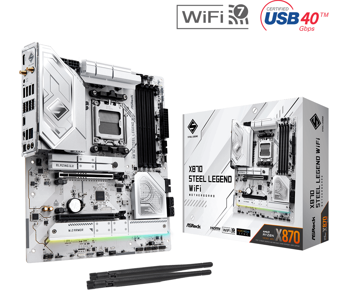 ASRock MB Sc AM5 X870 STEEL LEGEND WIFI - AMD X870 - 4xDDR5 - 1xHDMI - 2xThunderbolt - WI-FI (X870STEELLEGENDWIFI) thumbnail