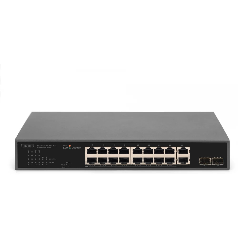 Digitus 16+2 Port 10/100/1000 Mbps + 2 Gigabit SFP PoE Switch - Unmanaged - Gigabit Ethernet (10/100/1000) - Vollduplex - Rack-E (DN-95358) thumbnail