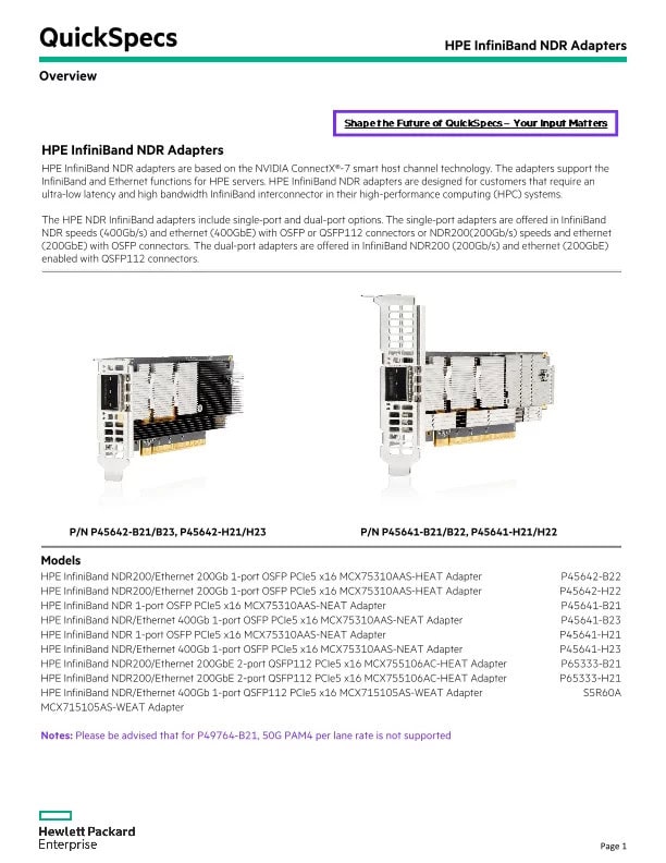 HPE InfiniBand NDR200/ENET 200Gb 1-port (P45642-H23) thumbnail