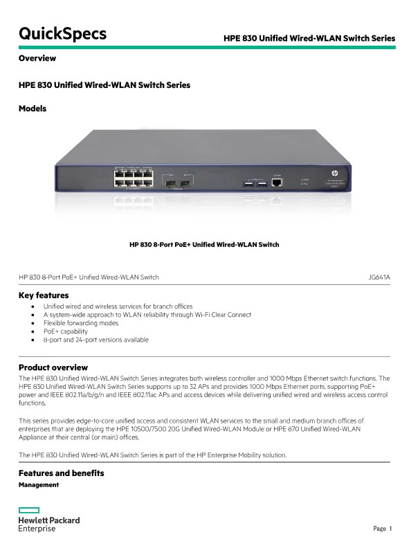 HP 830 8P PoE+ Unifd Wired-WLAN (JG641A-RFB) thumbnail