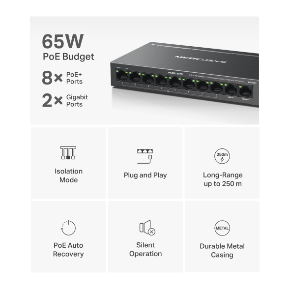 TP-Link Mercusys MS110CP network switch Fast Ethernet (10/100) Power over Ethernet (PoE) Black (MS110CP) thumbnail