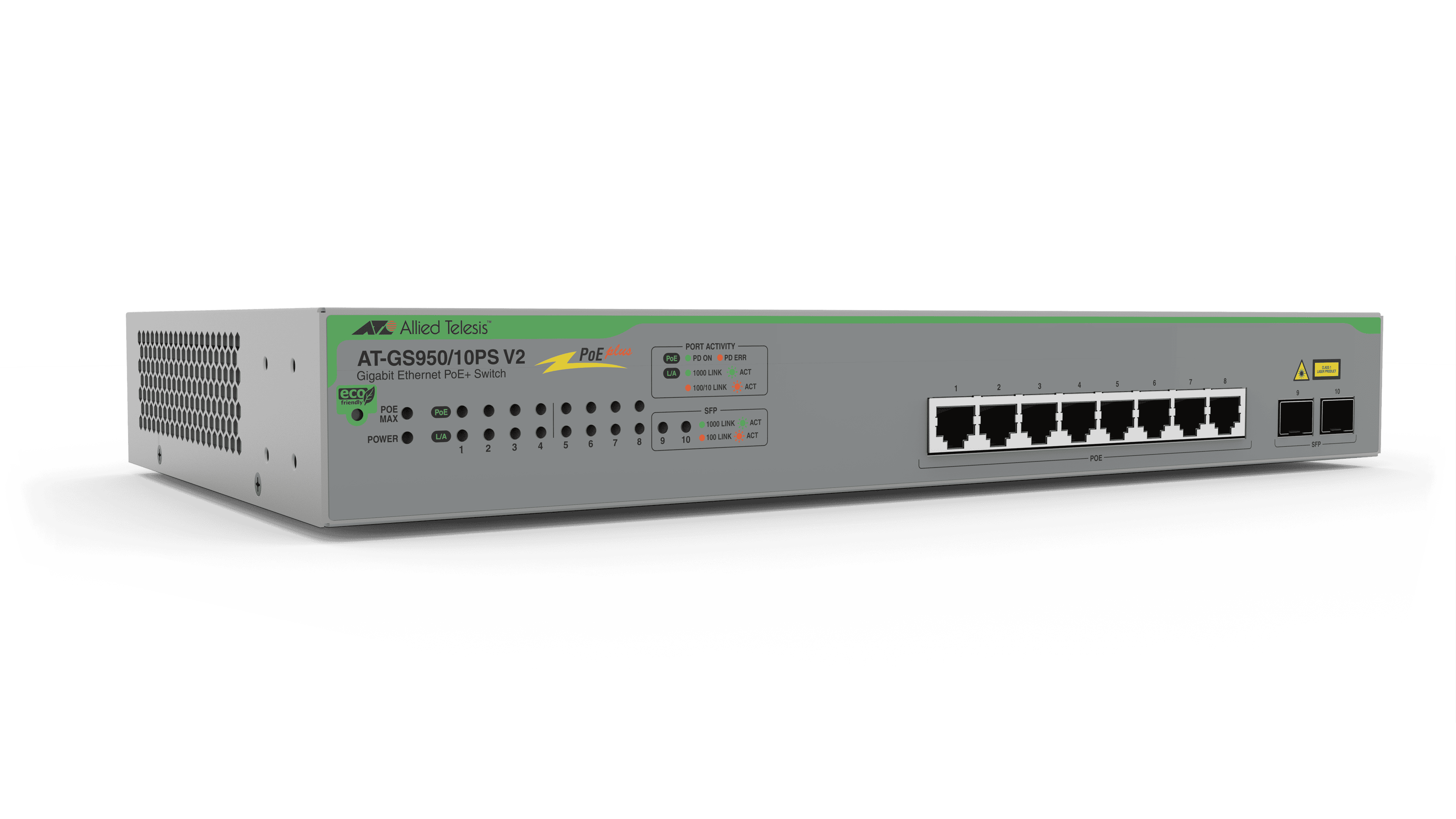 Allied Telesis GS950/10PS Managed Gigabit Ethernet (10/100/1000) Power over Ethernet (PoE) Groen, Grijs (AT-GS950/10PS V2-50) thumbnail