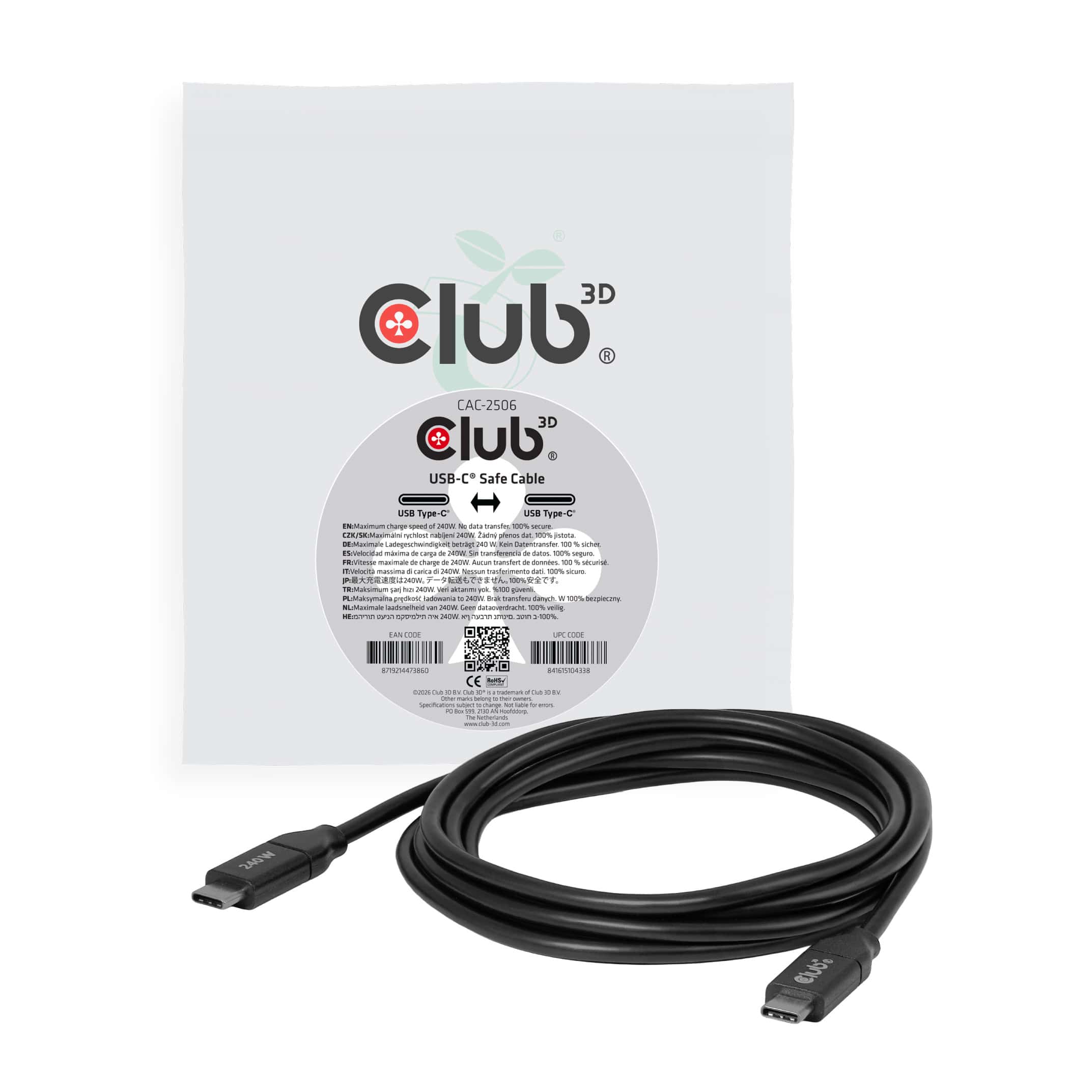 CLUB3D USB-C® veilige kabel 240W zonder dataoverdracht 2m/6,56ft (CAC-2506) thumbnail