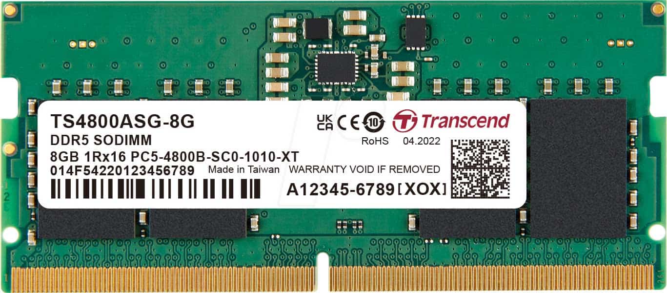 Transcend TS4800ASG-8G geheugenmodule 8 GB 1 x 8 GB DDR5 4800 MHz ECC (TS4800ASG-8G) thumbnail
