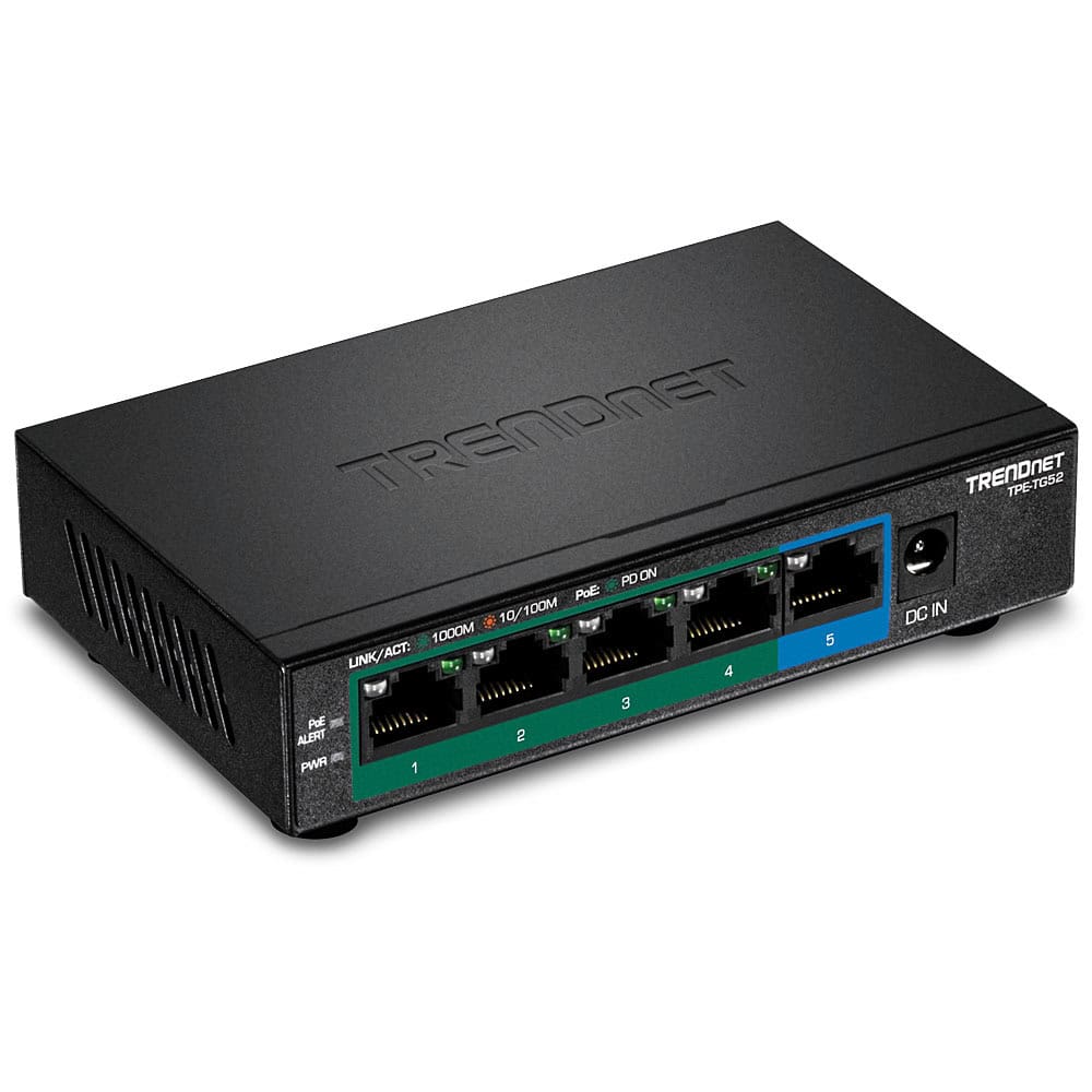 Trendnet TPE-TG52 netwerk-switch Unmanaged Gigabit Ethernet (10/100/1000) Power over Ethernet (PoE) Zwart (TPE-TG52) thumbnail Trendnet TPE-TG52 netwerk-switch Unmanaged Gigabit Ethernet (10/100/1000) Power over Ethernet (PoE) Zwart (TPE-TG52) thumbnail