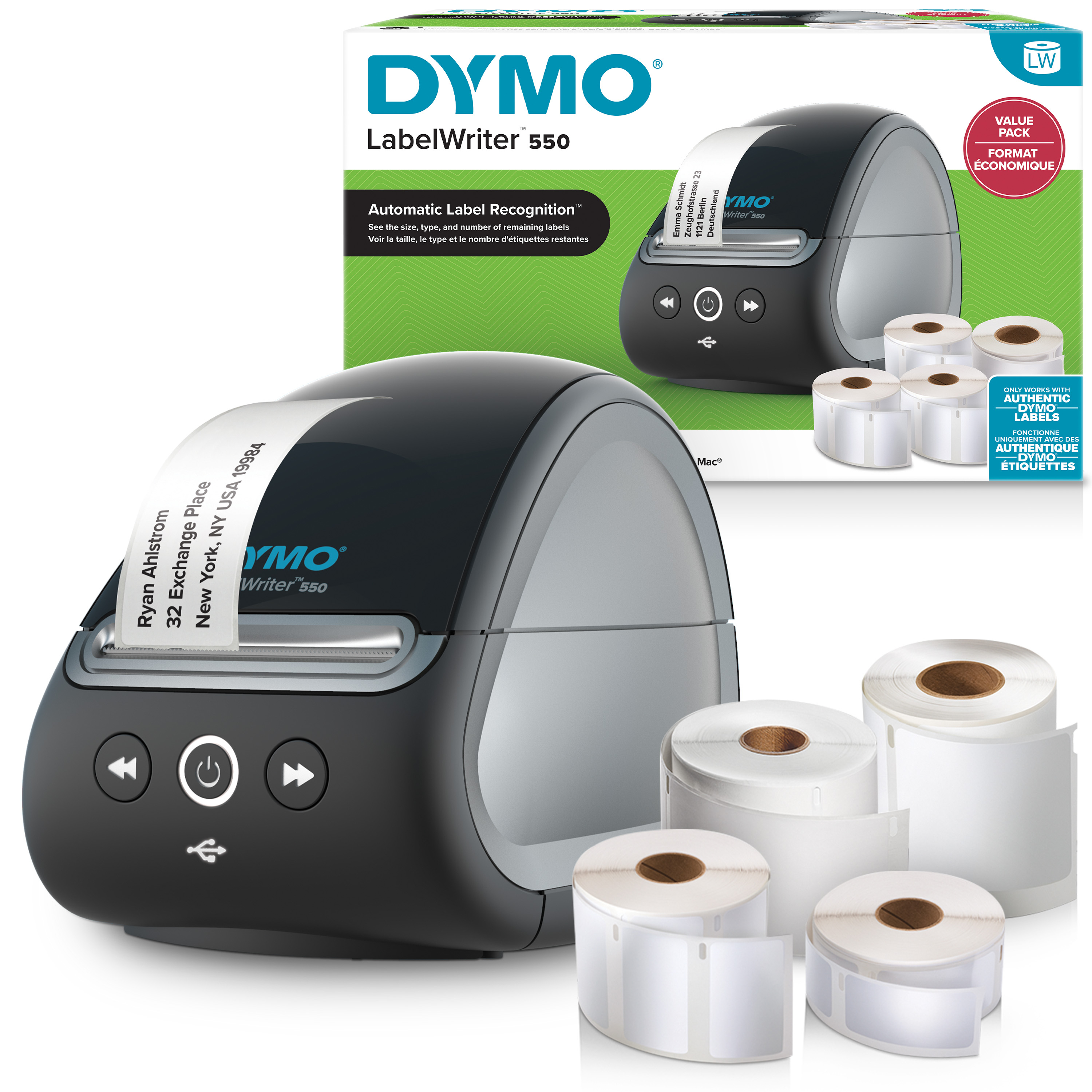 DYMO LabelWriter 550-labelprinter en labels | 2 x multifunctionele LW-labels (1320 in totaal) | 1 x LW-labels voor naamkaartjes (300 per rol) | Duurzame LW-labels (160 per rol) | Tweepolige EU-stekker (2147591) thumbnail
