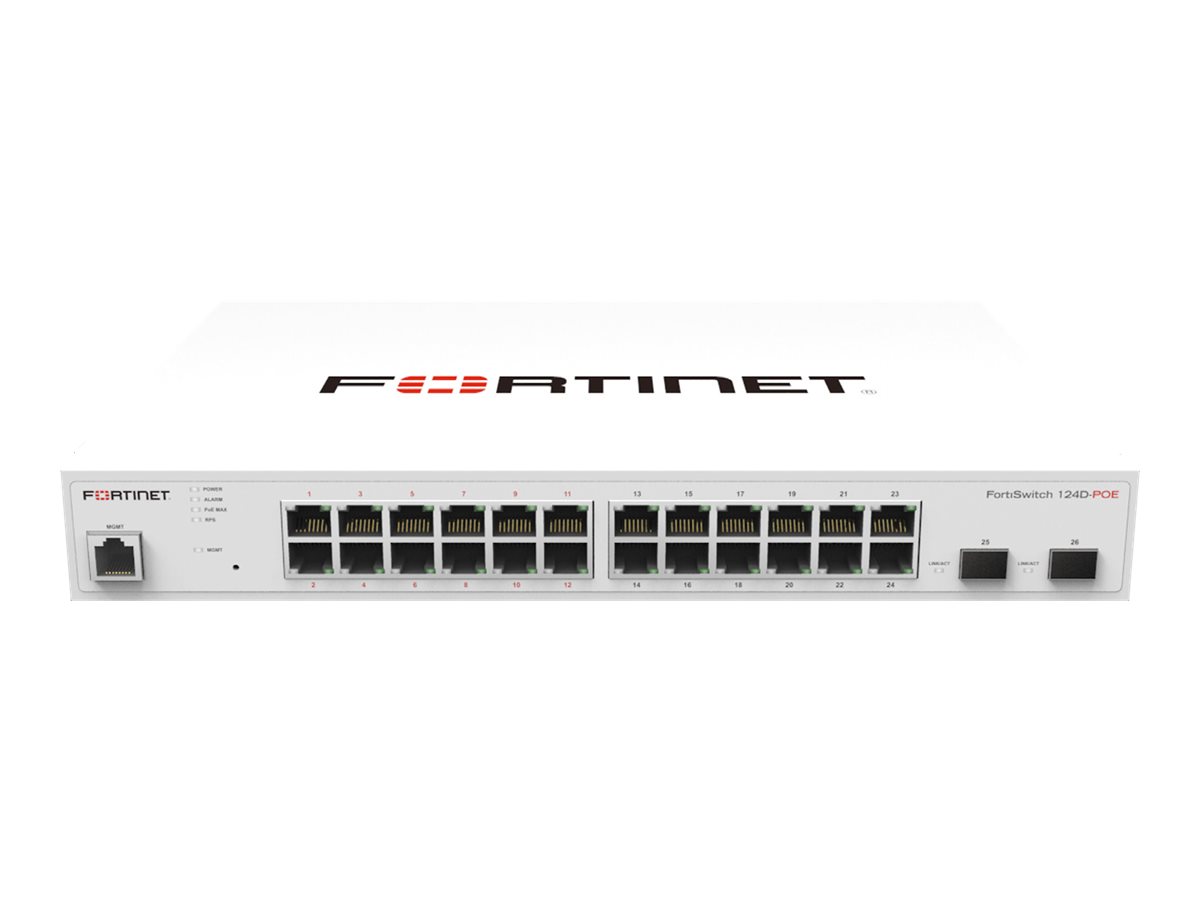 Fortinet FortiSwitch-124F-POE L2+ managed POE switch with 24GE ports, 12 of which are POE+, 4 SFP+, max 185W limit and smart fan (FS-124F-POE-EU) thumbnail
