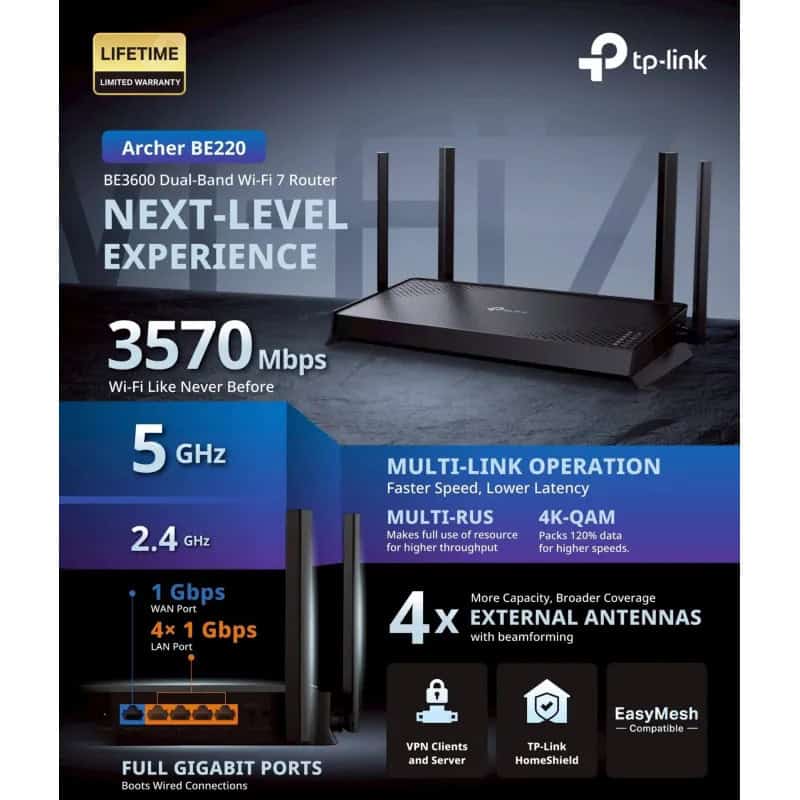 TP-Link Archer BE220 BE3600 Dual-Band Wi-Fi 7 Router (ARCHERBE220) thumbnail