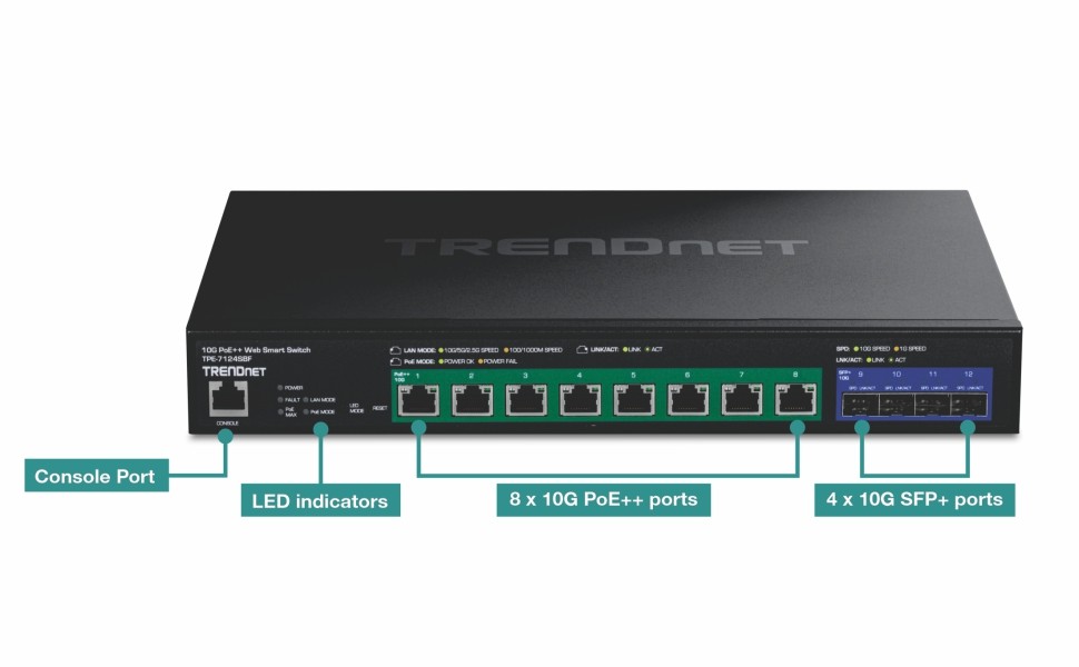 TRENDnet Version V1.0R Switch Web Smart 8 X 10 Gigabit Ethernet + 4 SFP+ Rack Mountable PoE++ 720 W (TPE-7124SBF) thumbnail