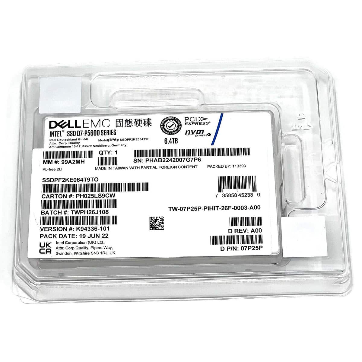 Dell D7-P5600 SSDPF2KE064T9TO 07P25P 6.4TB PCIe Gen 4.0 X4 8GB/s 3D TLC 3DWPD U.2 NVMe 2.5in Solid State Drive (SSDPF2KE064T9TO) thumbnail