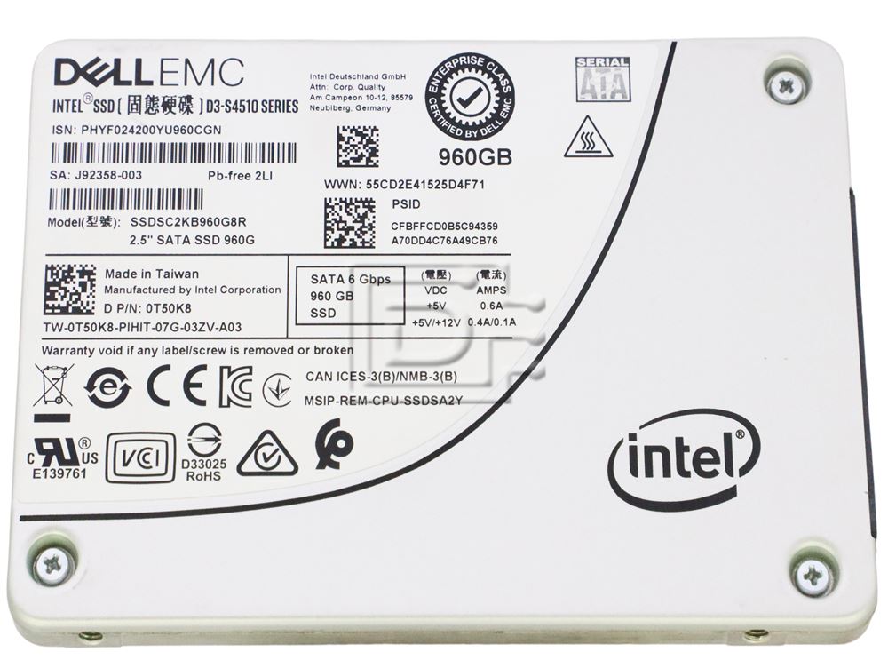 Dell G13 SSDSC2KB960G8R1 0T50K8 960GB SATA 6Gb/s 3D TLC 1DWPD 2.5in Solid State Drive (SSDSC2KB960G8R) thumbnail