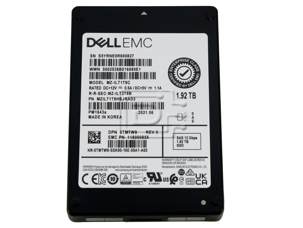 Dell G13 TMTW9 MZILT1T9HBJRAD3 1.92TB SAS 12Gb/s 1DWPD Read Intensive 2.5in Solid State Drive (TMTW9_G13) thumbnail