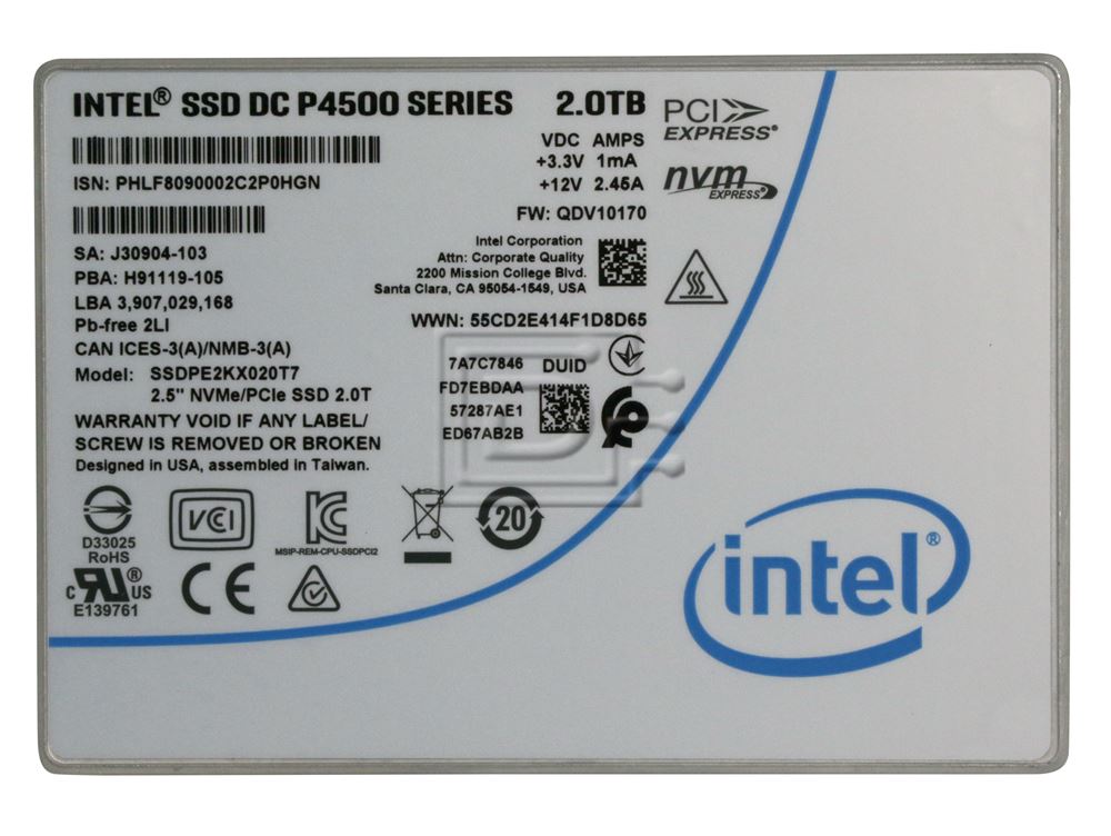 Intel DC S4500 SSDPE2KX020T701 2TB PCIe Gen 3.1 x4 4GB/s 2.5 Solid State Drive (SSDPE2KX020T701) thumbnail
