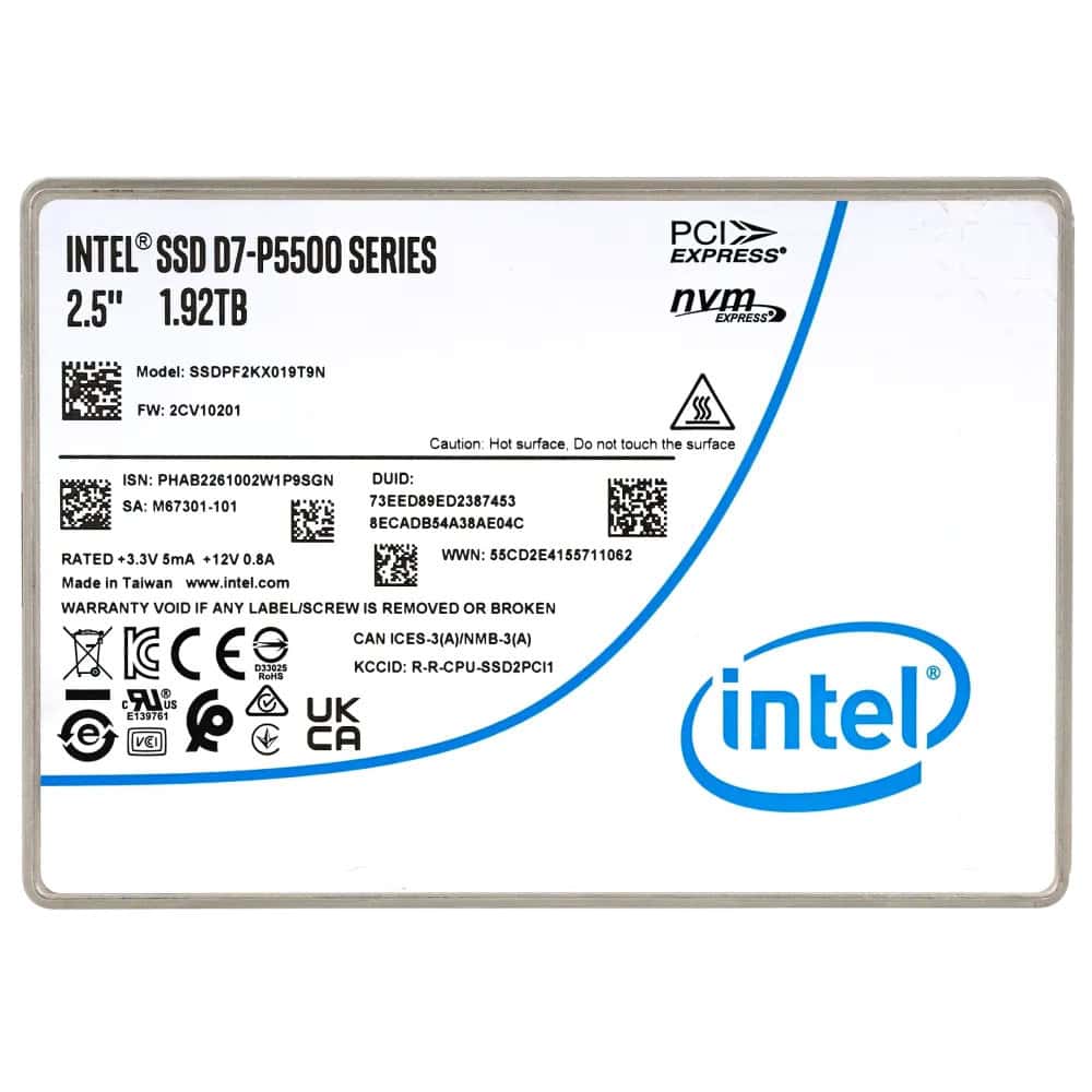 Intel P5500 SSDPF2KX019T9N1 M67236-101 1.92TB PCIe Gen 4.0 x4 8GB/s 3D TLC 1DWPD U.2 NVMe 2.5in Solid State Drive (SSDPF2KX019T9N1) thumbnail