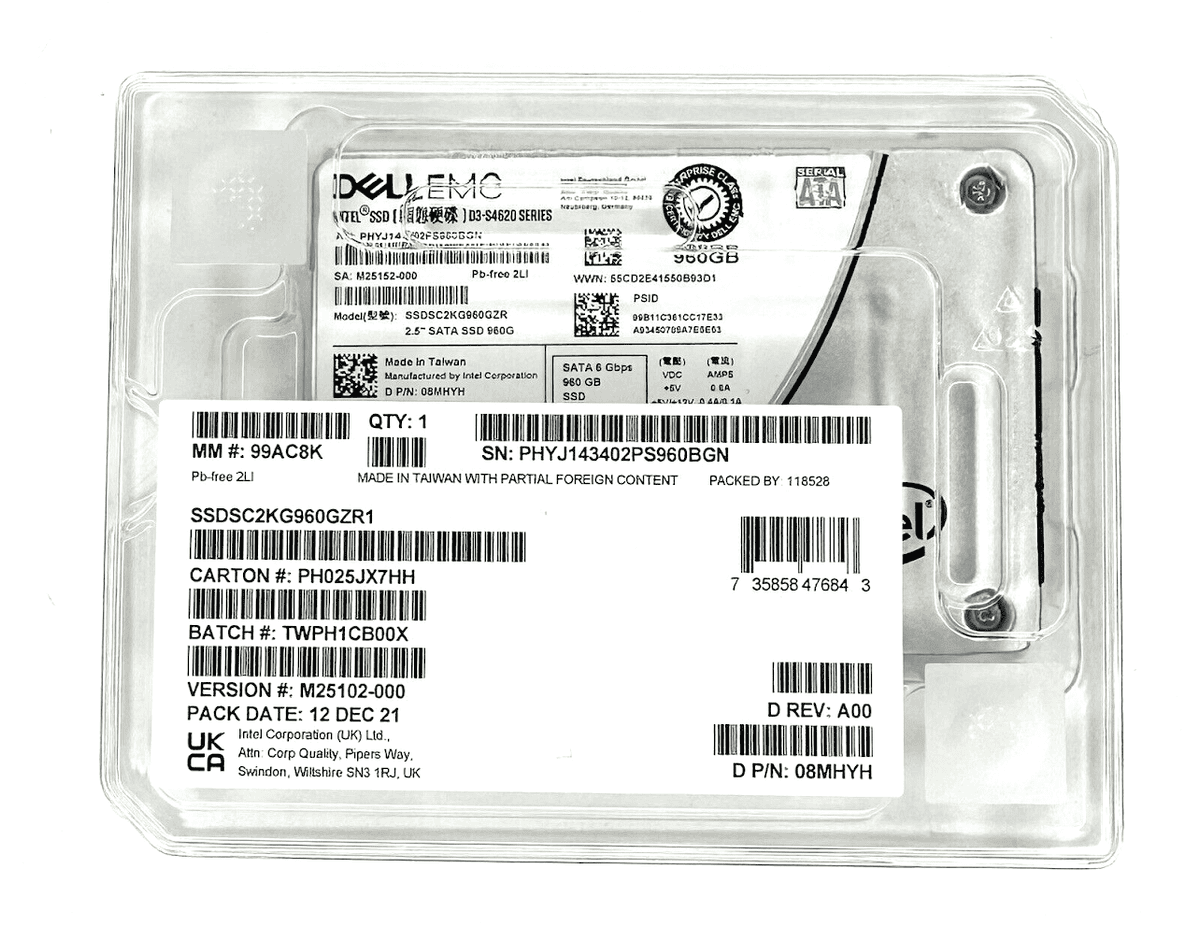 Intel S4620 SSDSC2KG960GZR 08MHYH 960GB SATA 6Gb/s 3D TLC 3DWPD 2.5in Solid State Drive (SSDSC2KG960GZR) thumbnail