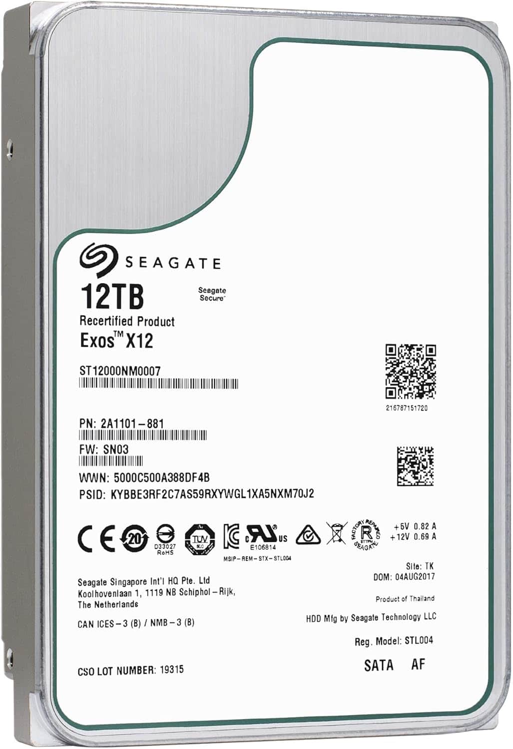 Seagate Exos X12 ST12000NM0007 12TB 7.2K RPM SATA 6Gb/s 512e 256MB 3.5 Hard Drive (ST12000NM0007) thumbnail