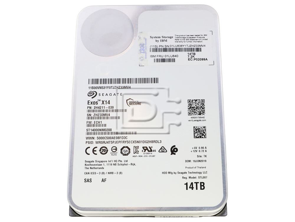 Seagate Exos X14 ST14000NM0288 14TB 7.2K RPM SAS 12Gb/s 512e/4Kn 256MB 3.5 SED FastFormat Hard Drive (ST14000NM0288) thumbnail