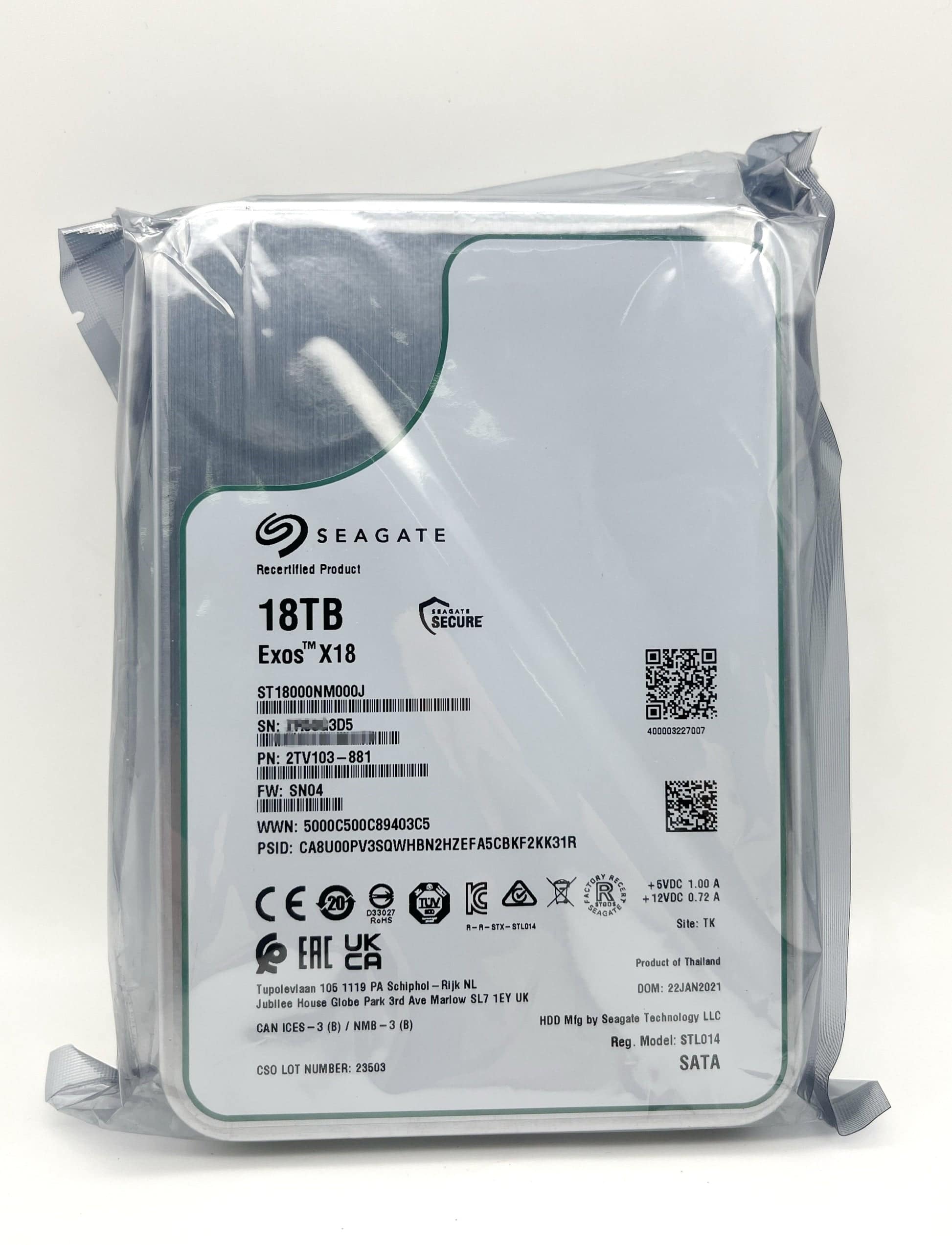 Seagate Exos X18 ST18000NM014J 18TB 7.2K RPM SATA 6Gb/s SED 3.5in Hard Drive (ST18000NM014J_PWR) thumbnail