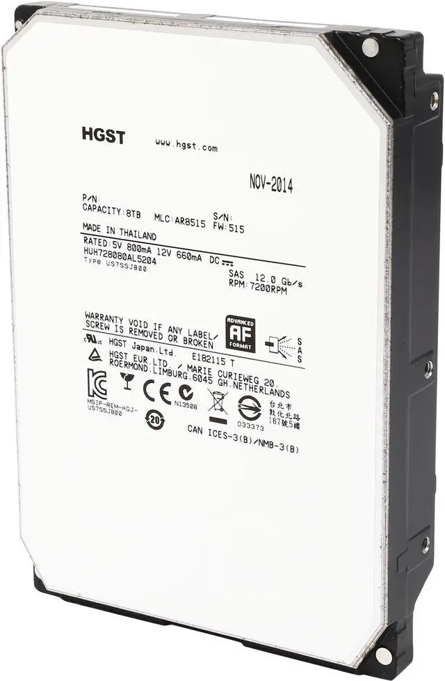 Western Digital HGST Ultrastar He8 HUH728080AL5204 0F25733 8TB 7.2K RPM SAS 12Gb/s 512e 128MB 3.5in HDD (HUH728080AL5204) thumbnail