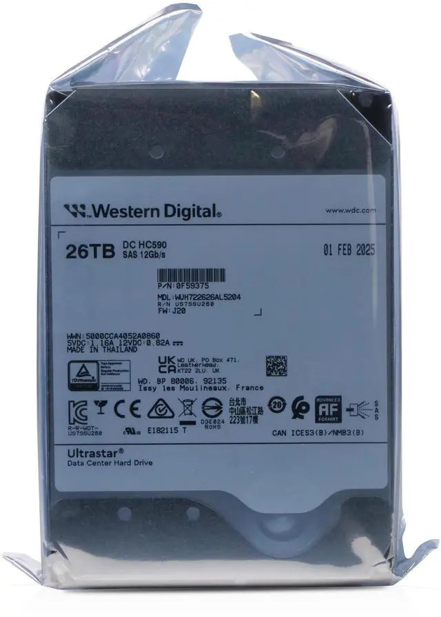 Western Digital Ultrastar DC HC590 WUH722626AL5204 0F59375 26TB 7.2K RPM SAS 12Gb/s 512e 512MB 3.5in HDD (WUH722626AL5204) thumbnail